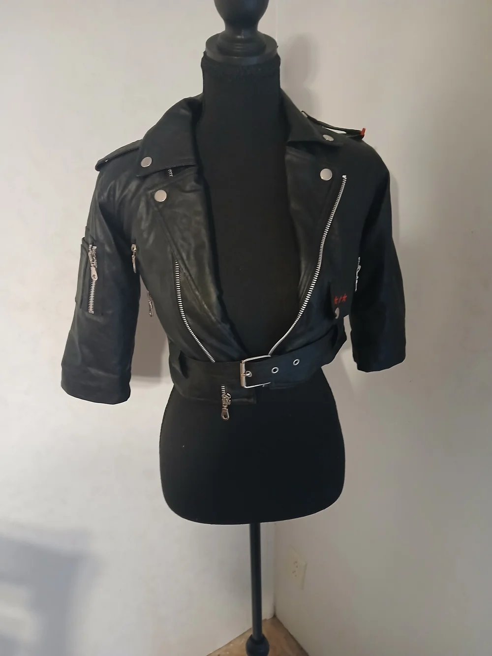 Cropped Black Women's Moto Leather Jacket with Belt
